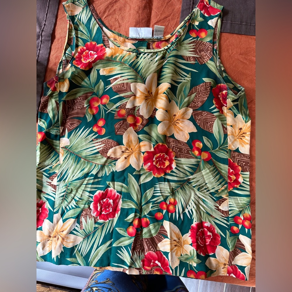 Vintage silk crepe tank, tropical print